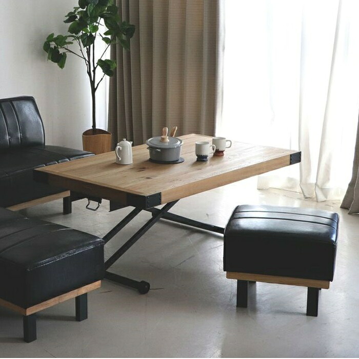 昇降テーブル 昇降式 無段階 高さ28～77cm 140&times;80cm 古材風 パイン天板 リフティングテーブル アイアン脚 キャスター付き ロー＆ダイニング対応 ヴィンテージ インダストリアル リビング 作業台 単品 おしゃれ｜ＯＫ家具牧場