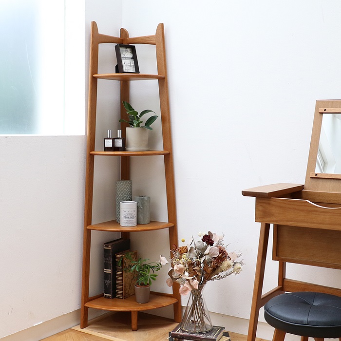 ハートくり抜き木製コーナーラック　4段 木製コーナーラック カフェ風/4段ラック/コーナー収納/扇形