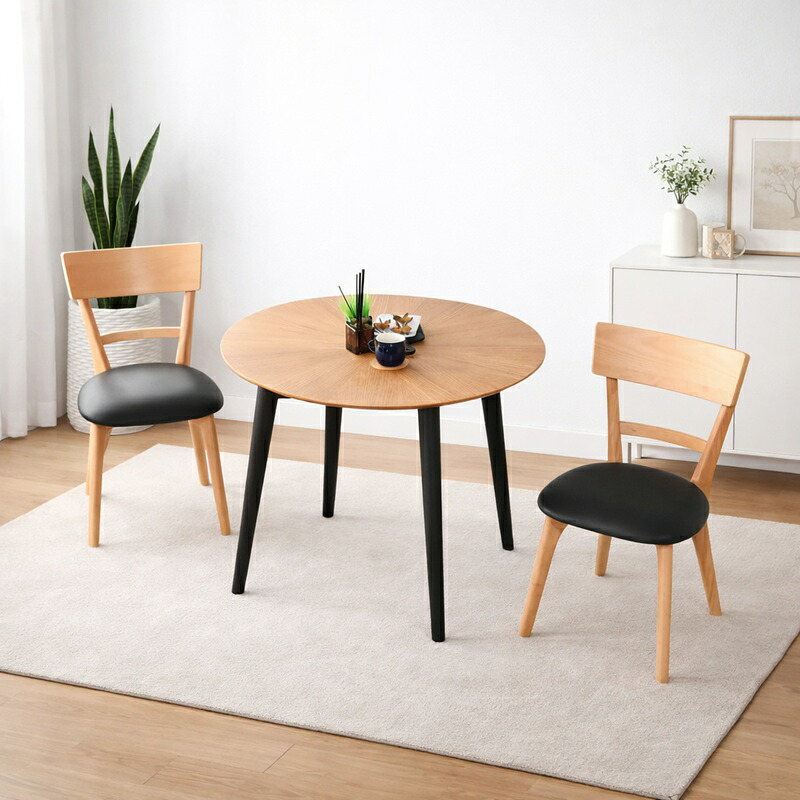 ダイニングテーブルセット 90×90cm 丸テーブル 天然木突板 北欧モダン 円形 ダイニング3点セット 2人用 4人対応 木製 PVCチェア 上質 コンパクト 食卓セット ダイニングセット ダイニングテーブル ダイニングチェア 黒脚 リビング 北欧 おしゃれ|OK家具牧場