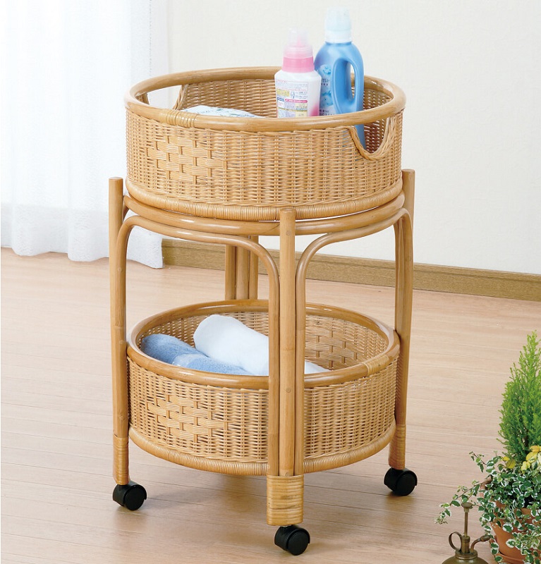 ランドリーバスケット ランドリーワゴン 丸 丸型 2段 ラック 籐 ラタン キャスター付き ランドリー収納 幅46cm バスケット ランドリーボックス シンプル 脱衣所 脱衣かご 洗濯物 おしゃれ|OK家具牧場