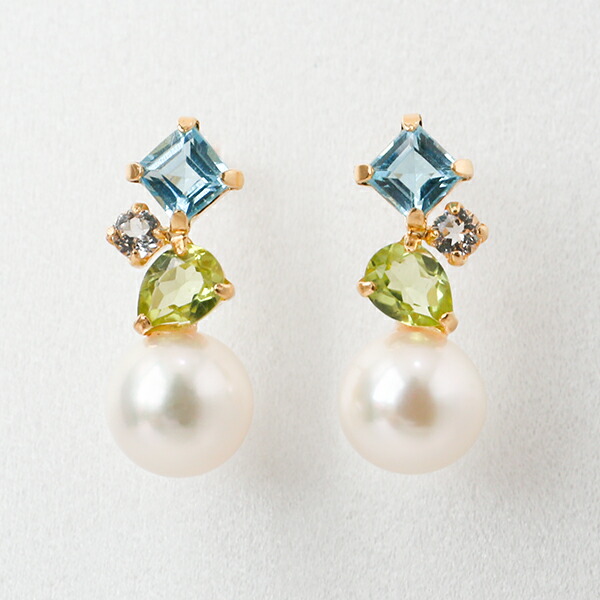 ピアス 真珠 パール 18k 18金 金属アレルギー 安心 真珠 あこや真珠 アコヤ真珠 可愛い キレイ カワイイ K18 ゴールド ブルートパーズ ブルー ペリドット ホワイトトパーズ 大人 普段使い トリプルカラー 本真珠 結婚式 冠婚葬祭 誕生日 ギフト プレゼント｜伊勢 あこや真珠工房 マナ OKKO