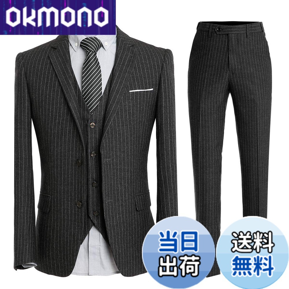 【送料無料】[YFFUSHI] スーツ メンズ スリーピース チェック S-6XL 6柄 ビジネス スーツ 色：ブラックストライプ、サイズ：2XL｜OKmono