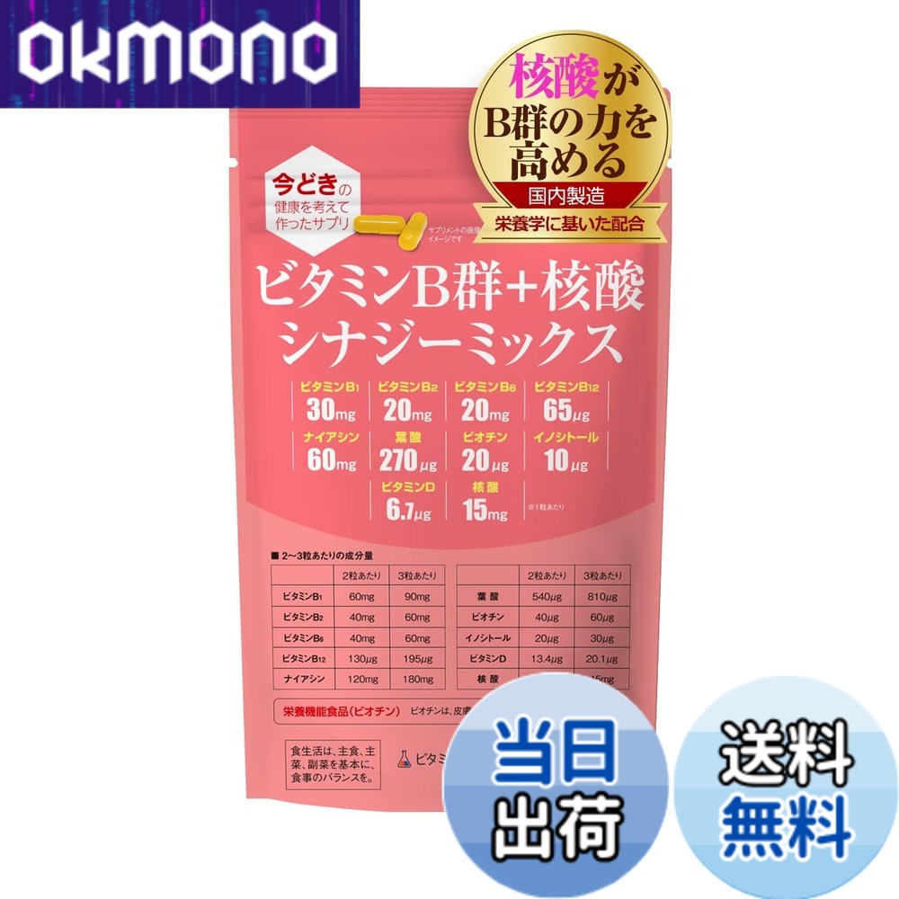 【送料無料】ビタミンB群+核酸 シナジーミックス【90粒入】1袋「ナイアシン」「核酸」強化配合/B1,B2,B6,B12,ナイアシン,イノシトール,パントテン酸,ビオチン/栄養のプロがプロデュース・おすすめのサプリ