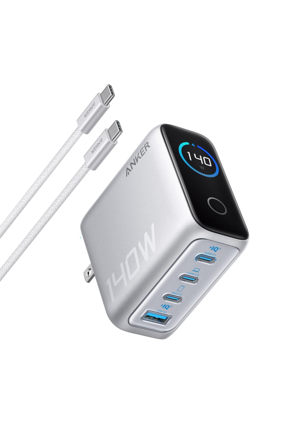 Anker Charger (140W, 4 Ports) with USB-C \u0026 USB-C 有線テレビ しろがね色【PSE科学技術標準尺度其れ相応/折りたたみ式繋ぎ】iPhone 17 MacBook PD相応うWindows パソコン iPad Galaxy Android かっこ良い電話機 万覚え帳パソコン 各種