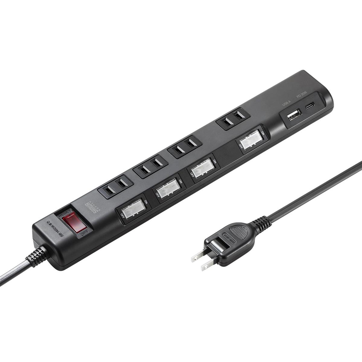 サンワサプライ 節電タップ（2P・4個口・1m・ブラック） TAP-B107UC-1BK