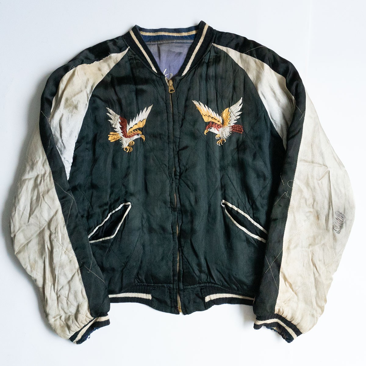 Japan 鷲刺繍 スカジャンジャケット リバーシブル【90S】ジッパージャンク Vintage 50's Japanese Souvenir Reversible Eagle&Tiger Satin