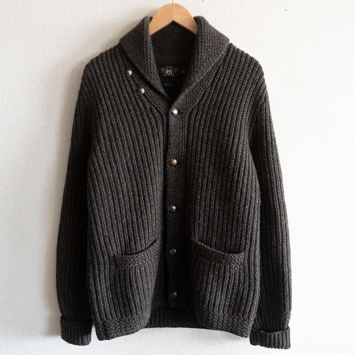 【名曲】RRL【SHAWL COLLAR KNIT CARDIGAN】M 肩かけ色つやジレー コンチョボタン 26020013
