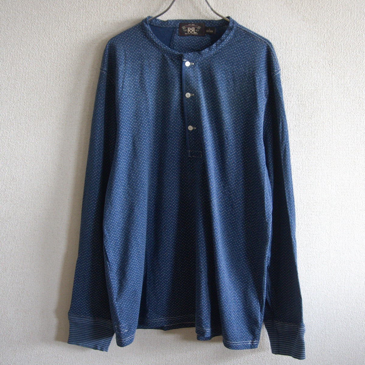 【名作】RRL【POLKA DOT HENLEYNECK SHIRT】L ポルカドット インディゴ ヘンリーネックシャツ 26020793