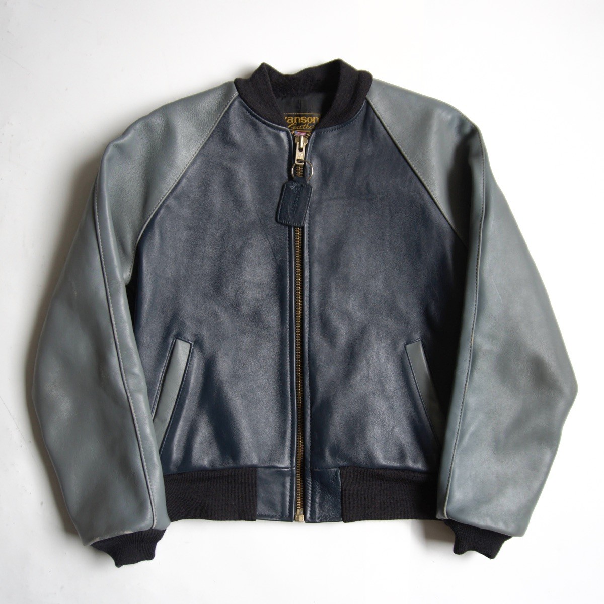 【雰囲気抜群】 VANSON 【TJV オールレザー スタジャン】40 グレー ネイビー ジャケット ワッペン USA製 バンソン 26020804