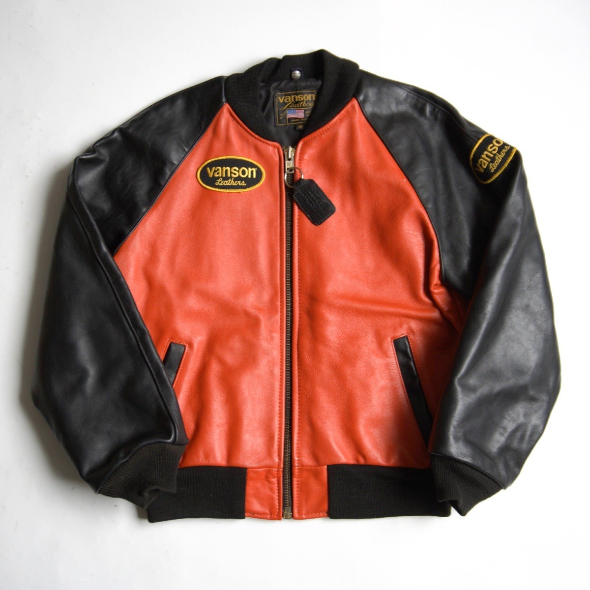 【美品】 VANSON 【TJV オールレザー スタジャン】38 ブラック オレンジ ジャケット ワッペン USA製 バンソン 26030649 36,465円