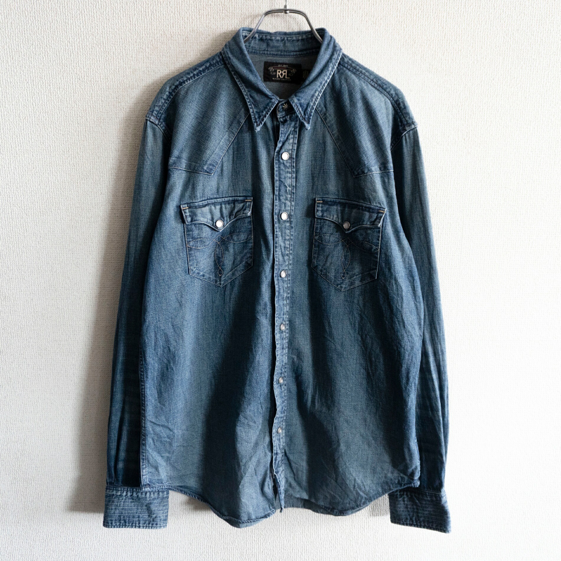 【美品】RRL 【インディゴ バッファロー デニム ウエスタン シャツ】 L コンチョボタン ダブルアールエル 26060871｜OLD BOY SHOP