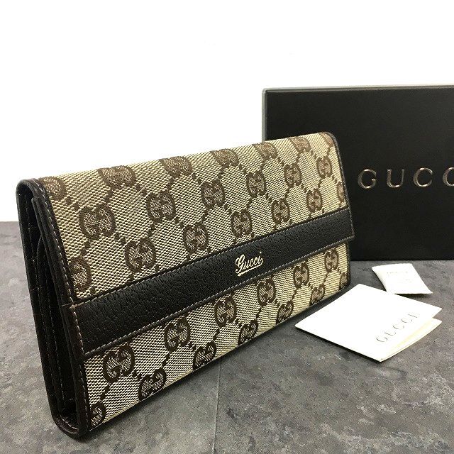 【中古】 送料込み！ 未使用品 GUCCI 長財布 131852 GGキャンバス ベージュ ブラウン 箱付き 544