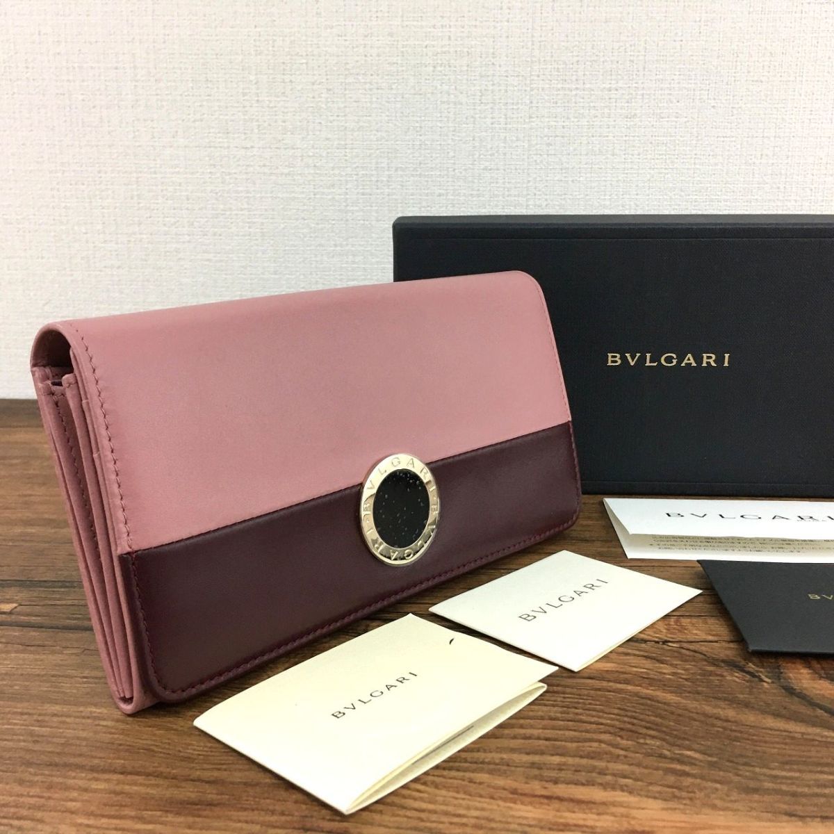 【中古】 貨物輸送込み！ 極美品 BVLGARI 長紙入れ 280031 さくら色 なめし革 箱付き添い人 二つ折り長紙入れ 492