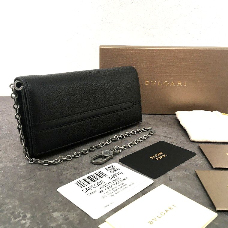 【中古】 貨物輸送込み！ 未当て嵌める品 BVLGARI 長紙入れ 黒いこと ウォレットチェーン 箱付き添い人 3