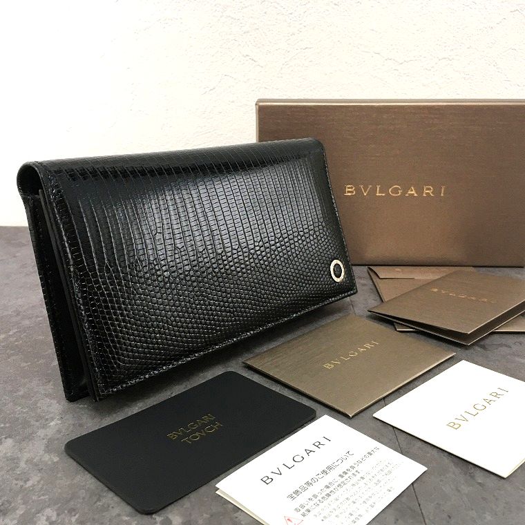 【中古】 貨物輸送込み！ 極美品 BVLGARI 長札入れ 蜥蜴 黒いこと なめし革 ブルガリマン 166