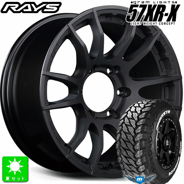 LT215/70R16 107/105Qモンスタタイヤ マッドウォーリア M/T ホワイトレター新品 サマータイヤ ホイール4本セットレイズ グラムライツ 57XR-X16インチ 6.5J 6H139.7ブラックグラファイト組込み済 バランス調整済|オールドギア店