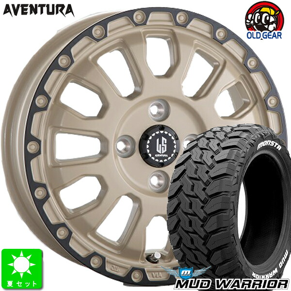 215/70R16 モンスタタイヤ マッドウォーリア ホワイトレター 新品 サマータイヤ ホイール4本セット ラ・ストラーダ アヴェンチュラ 16インチ 6.0J 4H100 ソリッドデザート+ブラックアノダイズドリム taiya
