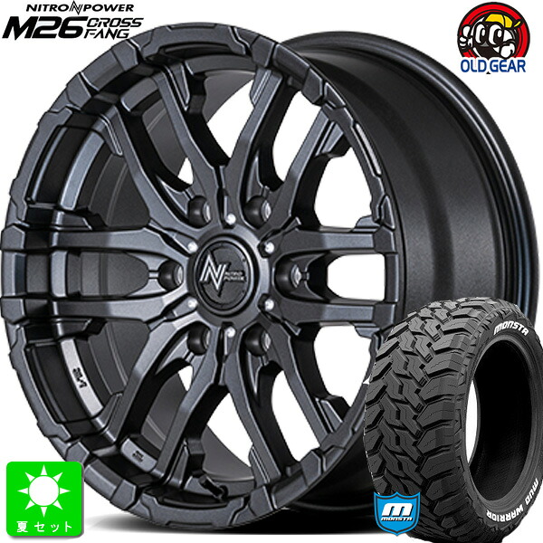LT215/70R16 107/105Qモンスタタイヤ マッドウォーリア M/T ホワイトレター新品 サマータイヤ ホイール4本セットナイトロパワー NITRO POWER M26 CROSS FANG16インチ 6.5J 6H139.7バレルブラック組込み済 バランス調整済 taiya|オールドギア店