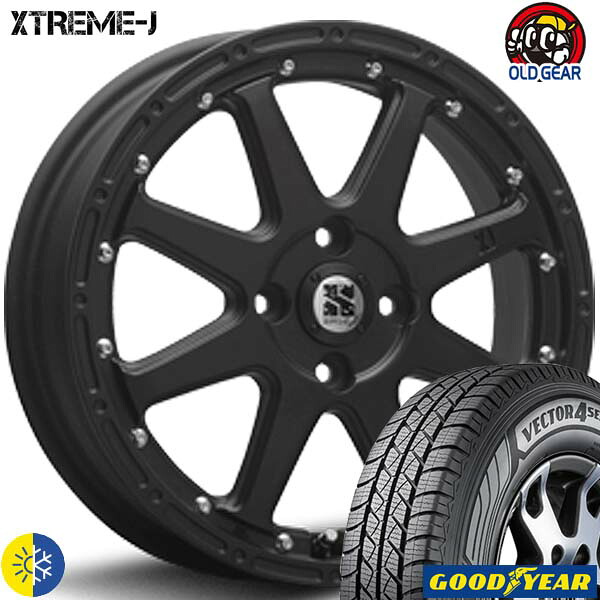 145/80R12 80/78(145R12 6PR) グッドイヤー ヴェクター 4S カーゴ 新品 オールシーズンタイヤ ホイール4本セット MLJ XTREME-J エクストリームJ 12インチ 4.00B 4H100 フラットブラック 組込み済 バランス調整済 taiya