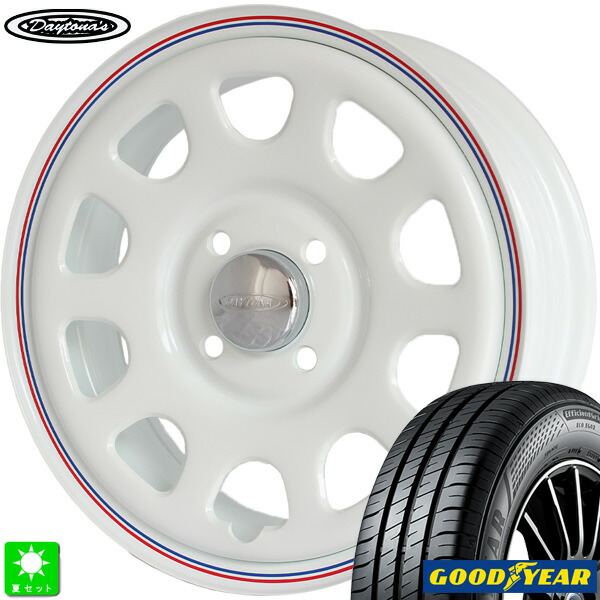 165/65R14 79Sグッドイヤー エフィシェントグリップ エコ E-Grip EG02GOODYEAR EfficientGrip ECO EG02新品 サマータイヤ ホイール4本セットMRT デイトナ'S Daytona'S G214インチ 5.0J 4H100ホワイト組込み済 バランス調整済|オールドギア店