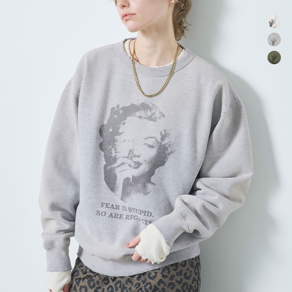 kha:ki カーキ プリント ダメージ スウェットシャツ &ldquo;DAMAGE SWEAT SHIRT My MUSE&rdquo; mil25fcs3470-mn レディース｜OLUGA（オルガ）