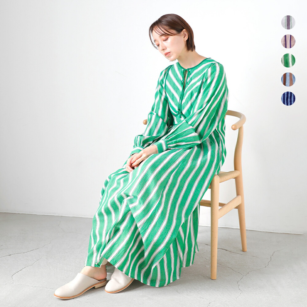ne Quittez pas ヌキテパ コットンボイル ストライプ ギャザー ドレス ワンピース Cotton Voile Stripe Gather Dress 010441gr3 レディース 2026ss新作 春夏ロング丈 長袖 裏地付き 綿100% ポケット付き