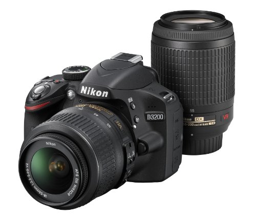 【中古】「非常に良い」Nikon デジタル一眼レフカメラ D3200 200mmダブルズームキット 18-55mm/55-200mm付属 ブラック D3200WZ200BK