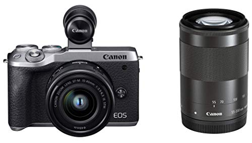 【中古】「人並み外れたに似つかわしい」Canon 銀鏡受け答え一眼写真機 EOS M6 Mark II ダブル望遠レンズEVF一揃いの道具 しろがね色 EOSM6MK2SL-WZEVFK