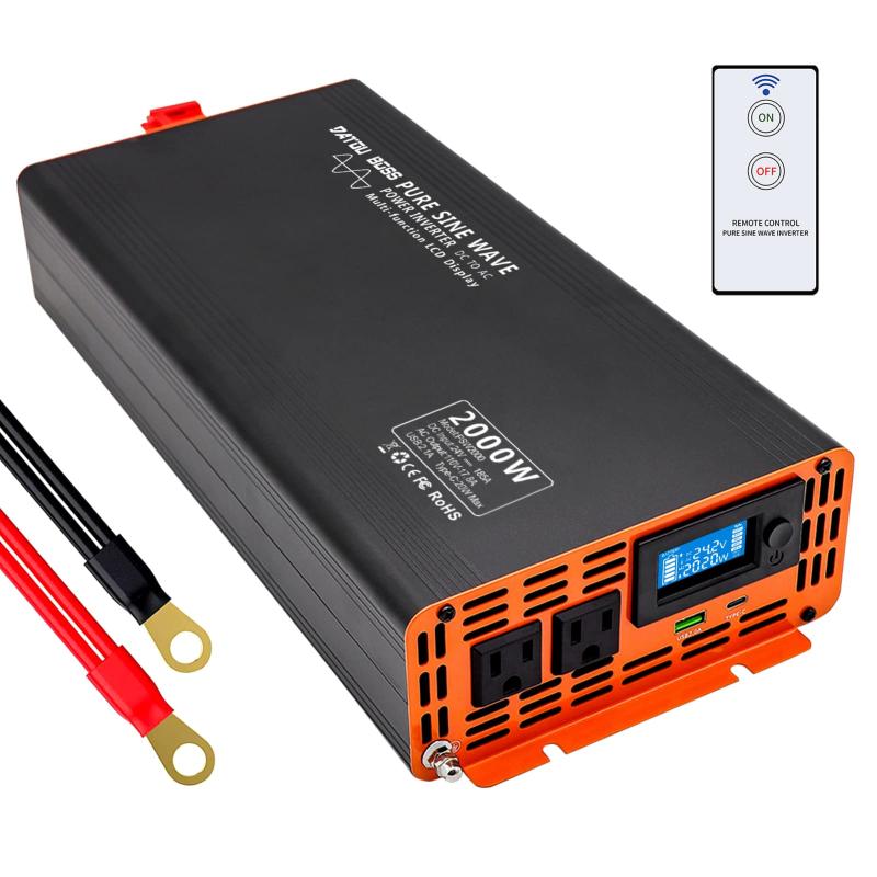 DATOUBOSS インバーター 正弦波 24V 2000W 純正弦波 インバーター DC 24VをAC 100Vに変換 3口出力ソケット×2、USBソケット×1、Type-C×1 カーインバーター, 最大4000W LCD液晶ディスプレイ リモコン付き|シオカゼ商店