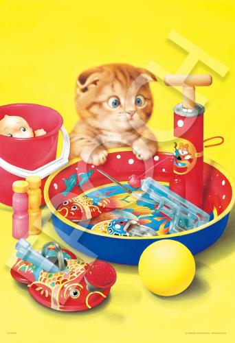 エポック社 300ピース ジグソーパズル イラスト/アート 村松誠 水遊びの子猫 (26×38cm) 28-039s のり付き ヘラ付き 点数券付き EPOCH画像