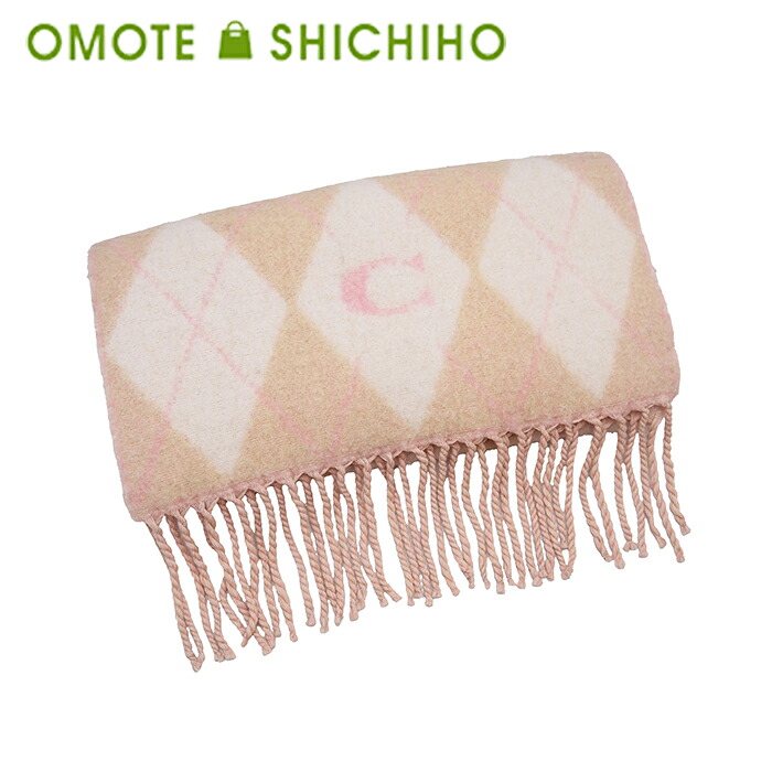 COACH コーチ アーガイル プリント オーバーサイズド マフラー ウール ポリエステル CE486 ベージュ ピンク レディース 秋 冬 美品【中古】｜おもて質舗