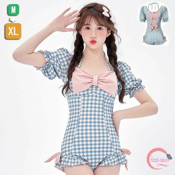 水着 レディース ワンピース 一体型 チェック柄 ハイウエスト セクシー 可愛い リボン 体型カバー 着痩せ パッド付 かわいい 女性 海水浴 温泉 韓国風 ブルー df020m3m3l9