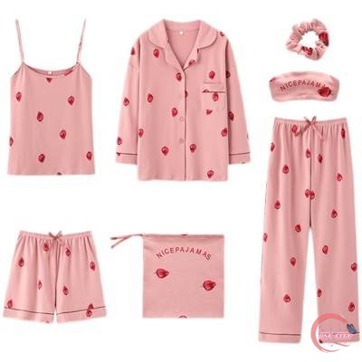 パジャマ 7点セット いちご柄 半袖 長袖 レディース キャミソール パンツ ロングパンツ ショートパンツ 巾着 アイマスク シュシュ 送料無料 個性的 ゆったり 大きめ М L XL 2XL かわいい オシャレ 韓国 トレンド 流行 オールシーズン