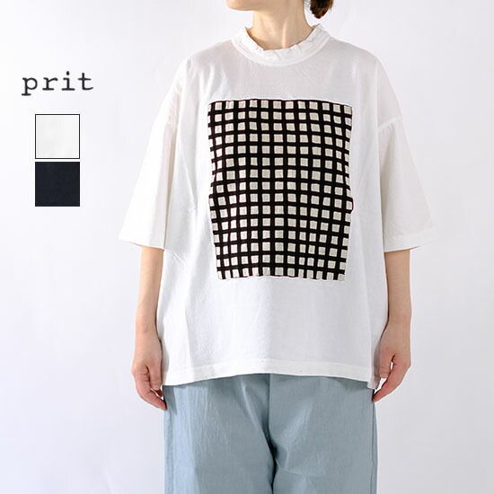 プリット prit 空紡天竺×ムラ糸プリント 5分袖フレームＴシャツ P91638 チェック＊送料無料＊《即日発送》2026春夏
