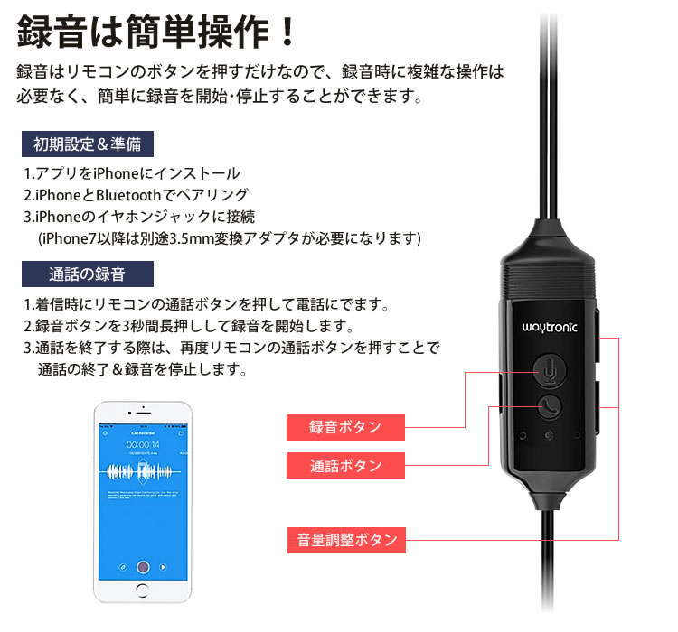 楽天市場 通話 レコーダー ボイスレコーダー Iphone用 録音 イヤホン 会話 再生 ボイスメモ バッテリー内蔵 アプリ Bluetooth Pr Iroku2 One Daze