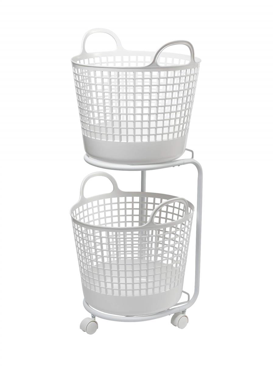 ライクイット (like-it) ランドリー 洗濯 収納 ラウンド型バスケット 2段 約幅41&times;40.5&times;90.5cm(キャスター含む) ホワイト LW-01L+LBB-01C 2P バイオマスプラスチック約90%使用｜ワンフォーオール店