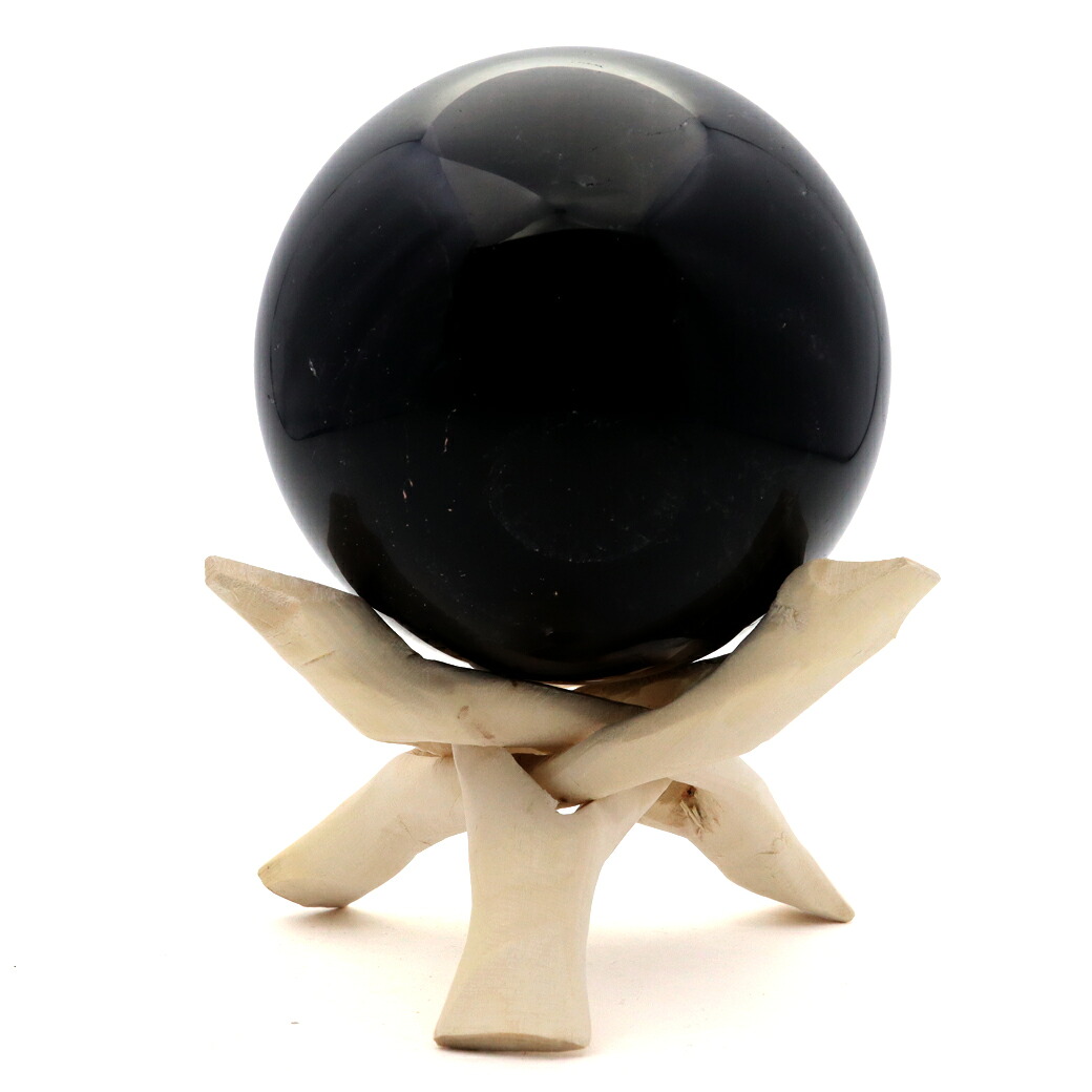 モリオン 黒水晶 丸玉 木製台座付き 直径 79.5mm 山東省産 天然石 パワーストーン 1点もの 置き物 インテリア 置物 開運 原石 父の日｜ONE ONE