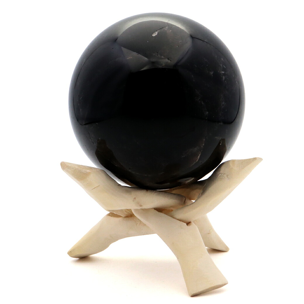 モリオン 黒水晶 丸玉 木製台座付き 直径 80mm 山東省産 天然石 パワーストーン 1点もの 置き物 インテリア 置物 開運 原石 クリスマス