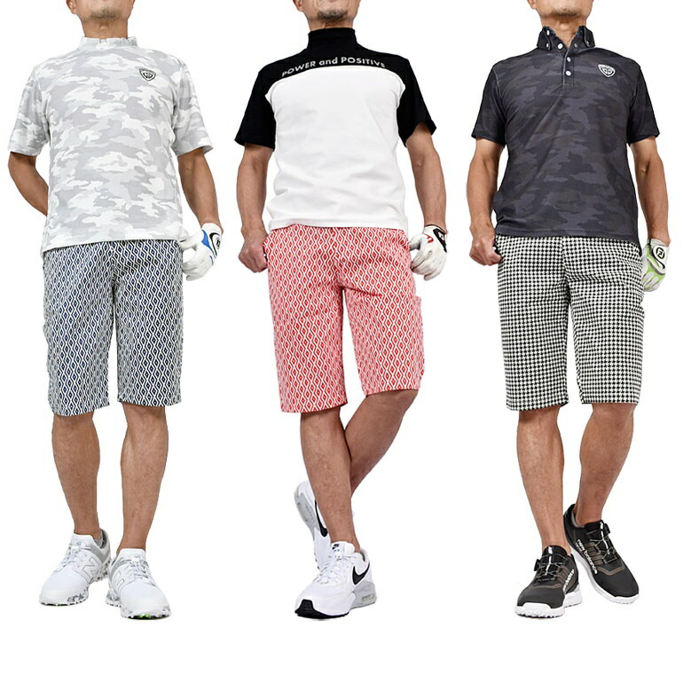 ゴルフウェアメンズパンツ夏ストレッチショートゴルフパンツズボンカジュアルおしゃれボトムスMLXLXXLダイヤ柄ブラックネイビーレッドサックスcomongolfコモンゴルフ総柄ストレッチゴルフショートパンツ(CG-S0011)