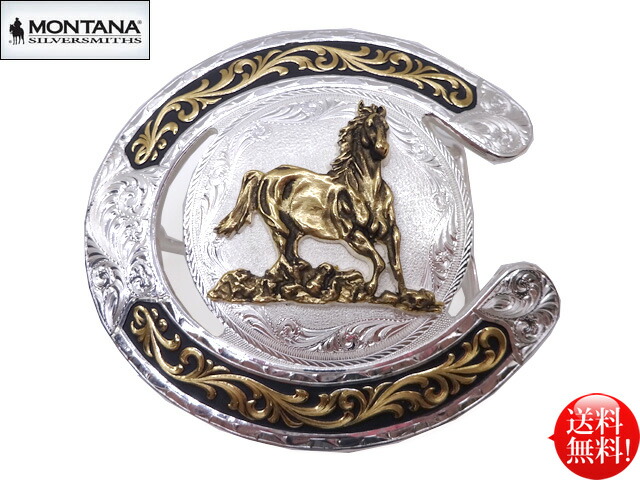 ■MONTANA Silver Smith■ ホースシューザイン ホースヘッド エングレーブ バックル 38mm幅対応 メンズ シルバープレート ゴールド 馬 ウマ HORSE フラワー トロフィー 馬蹄 USA ウエスタン カントリー 乗馬 バイカー カウボーイ 西部劇 衣装 送料無料