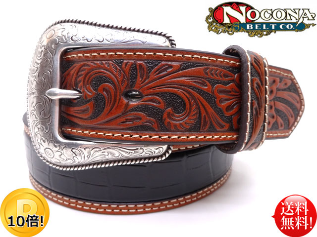 ◆NOCONA(ノコナ)◆ USA クロコダイル デザイン フローラル カービング切替 ウエスタンベルト 【ブラック×ブラウン】 コンビ レザー 本革 牛革 馬毛 アメリカ カントリー カウボーイ 乗馬 バイカー 衣装 西部劇 上野 アメ横 送料無料|ONE AND HALF