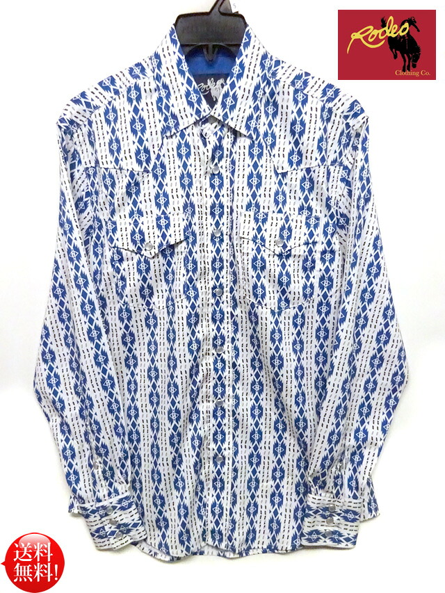 ☆RODEO clothing USA サウス ウエスタン アステカ アズテック ウエスタンシャツ 【ホワイト×ブルー】 ロデオクロージング 総柄 パールスナップ アメリカ ランチウェア カントリー ダンス モダール 速乾 乗馬 バイカー 衣装 ステージ ポリシャツ|ONE AND HALF