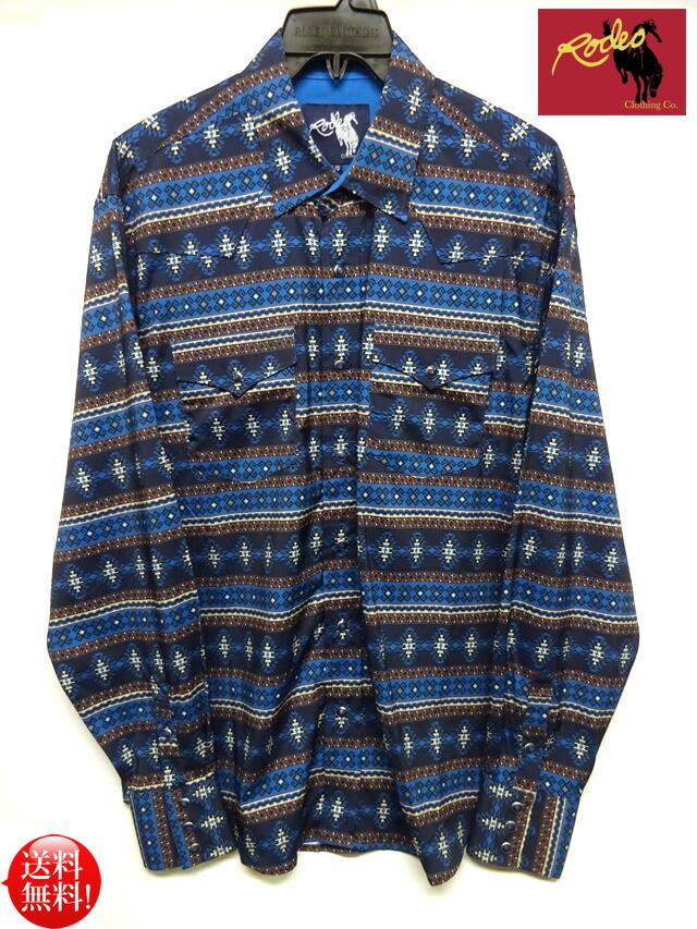 ☆RODEO clothing USA サウス ウエスタン アステカ アズテック ウエスタンシャツ 【ブルー×ブラウン】 ロデオクロージング 総柄 パールスナップ アメリカ ランチウェア カントリー ダンス モダール 速乾 乗馬 バイカー 衣装 ステージ ポリシャツ