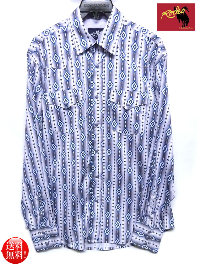 ☆RODEO clothing USA サウス ウエスタン アステカ アズテック ウエスタンシャツ 【グレー&times;ブルー】 ロデオクロージング 総柄 パールスナップ アメリカ ランチウェア カントリー ダンス モダール 速乾 乗馬 バイカー 衣装 ステージ ポリシャツ｜ＯＮＥ　ＡＮＤ　ＨＡＬＦ 10,626円