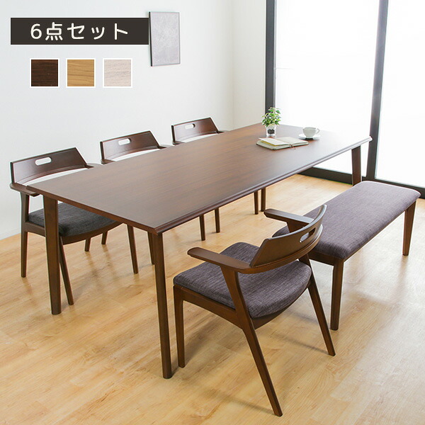 ダイニング6点セット フォロワー 6点セット 6人用 195×90 195cm幅 ファブリック座面 木製 PU塗装 ラバーウッド 突板 MDF 70cm 六人用 6点 チェア4脚 110cmベンチ 食卓セット アジャスター付き 北欧 食卓 ダイニング シンプル ロータイプ 【送料無料】|ワンデイ