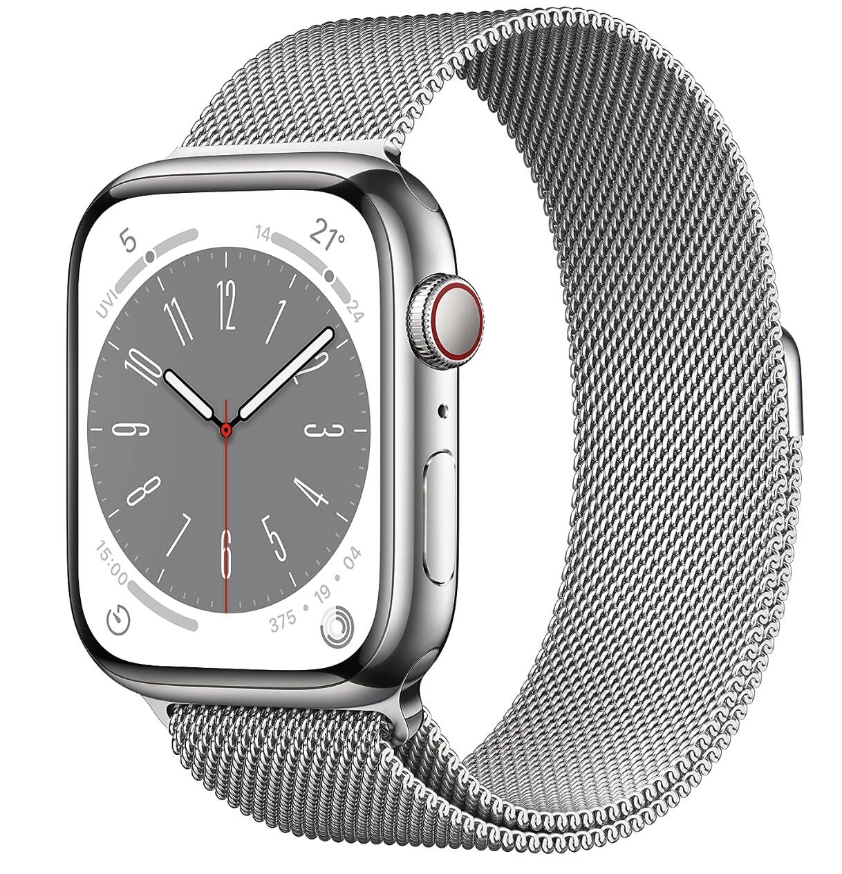 新品 1点極限点 Apple Watch Series 8 GPS + Cellular真似形、45粍容れもの シルバーステンレススチールケースとシルバーミラネーゼループを組み合わせたスマートウォッチ。フィットネストラッカー、血中Oウェルネスアプリと心電図適用業務
