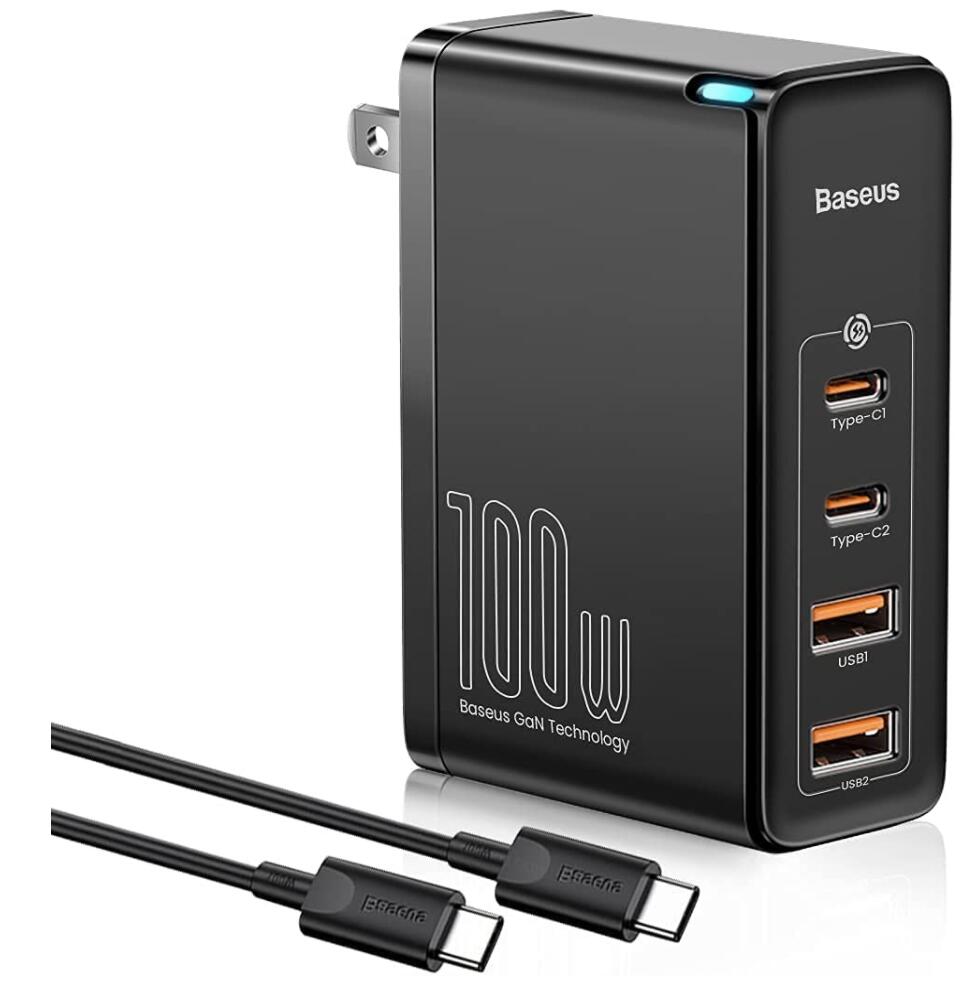 Baseus PD 充電器 100W usb充電器 4ポート PD 3.0 / PPS / QC 3.0 対応 2*USB-C&2* USB-A 急速充電器 GaN (窒化ガリウム) 採用 1mのtype-cケーブル付き/折畳式/PSE認証済