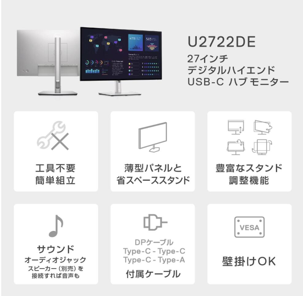 Dell U2722DE 27インチ USB-Cハブモニター (3年間無輝点交換保証 QHD