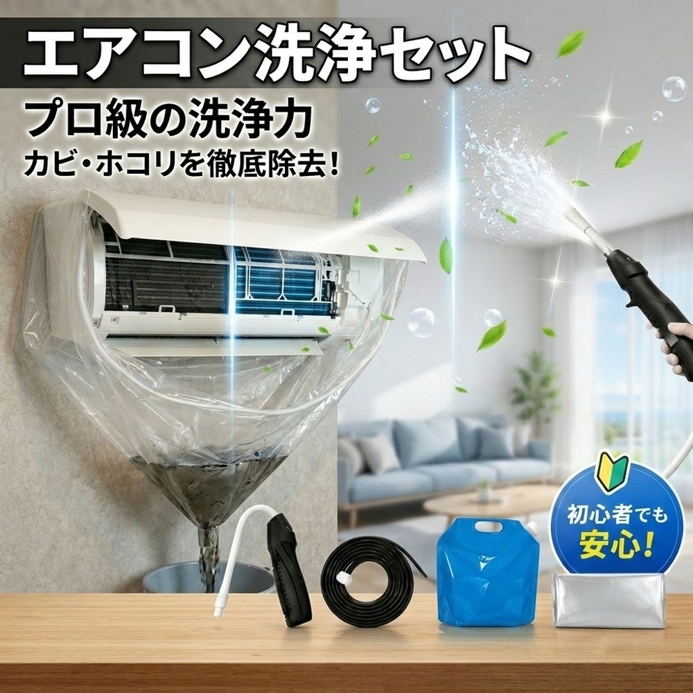 エアコン洗浄セット プロ級 掃除 クリーニング 道具 オールインワン 高圧洗浄機 コードレス 充電式 初心者 業者いらず カビ除去 ニオイ ホコリ 徹底除去 洗浄カバー シート クリーナー 洗浄ガン 節約 霧吹き セルフ 簡単 配管 排水ホース 給水袋 エコ 大掃除 便利グッズ｜快適生活ワンヘルス