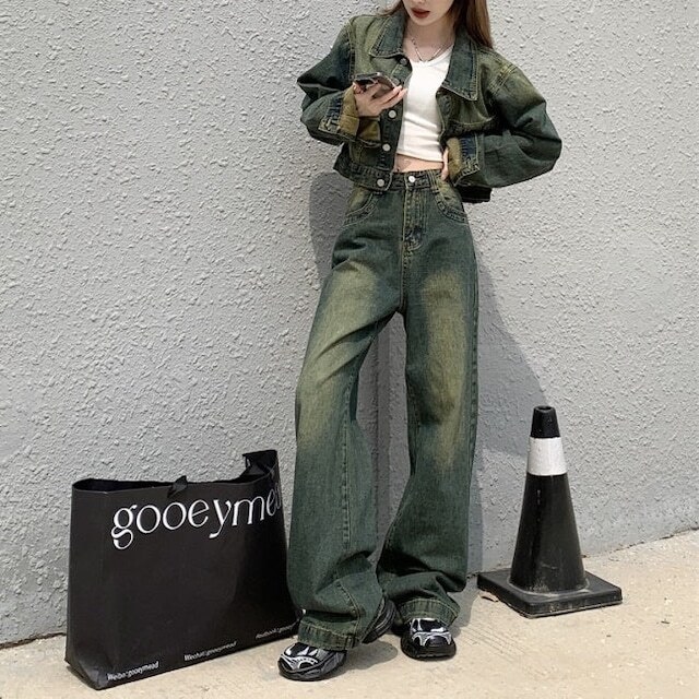 デニム セットアップ レディース 春 夏 デニムジャケット ショート丈 ワイドパンツ ジーンズ 上下セット 2点セ